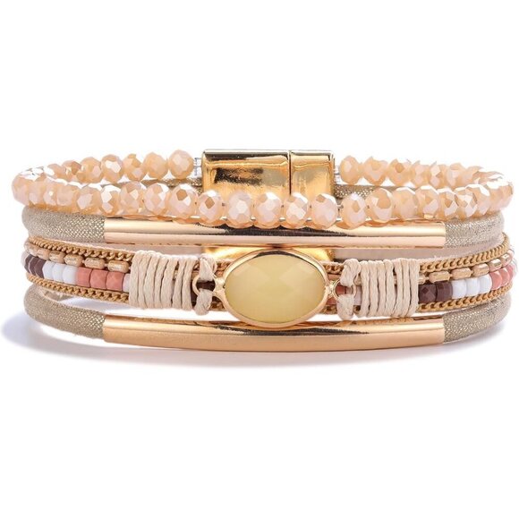 Jewelry - Leather Wrap Bracelet Crystal Beads Boho Cuff Stone Charm Jewelry Women